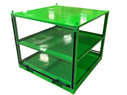 green 4-corner stacking rack that allows material handling by fork lifts and aids with material storage in space-limited areas.