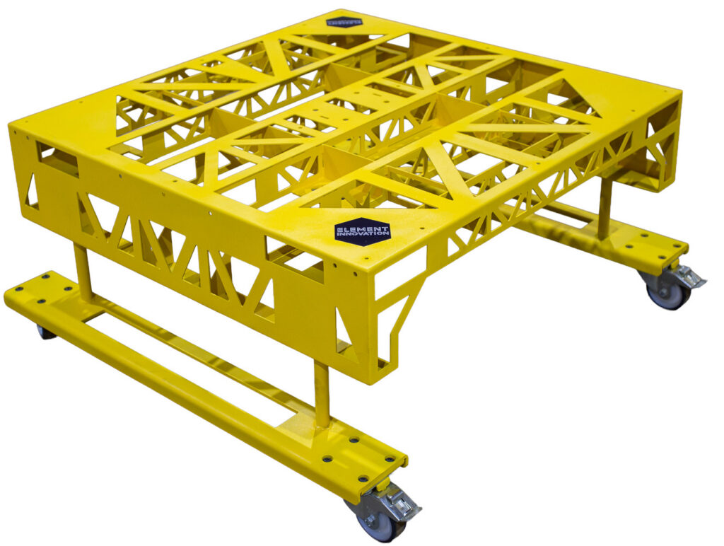yellow amr cart with wheels to rotate and works with a fork truck